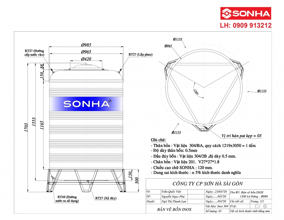 Bảng vẽ kỹ thuật bồn nước inox 1200 lít đứng