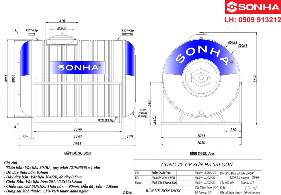 Bảng vẽ kỹ thuật bồn nước inox 1200 lít nằm