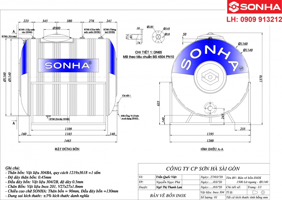 Bảng vẽ kỹ thuật bồn nước inox 1500 lít nằm