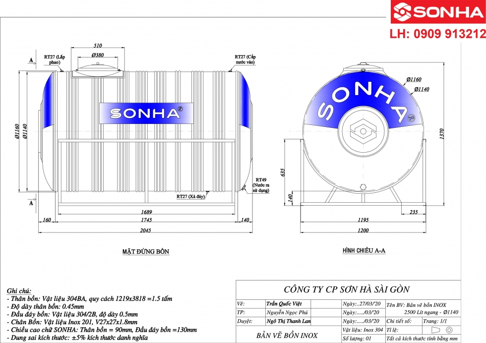 Bảng vẽ bồn nước inox 2500 lít nằm