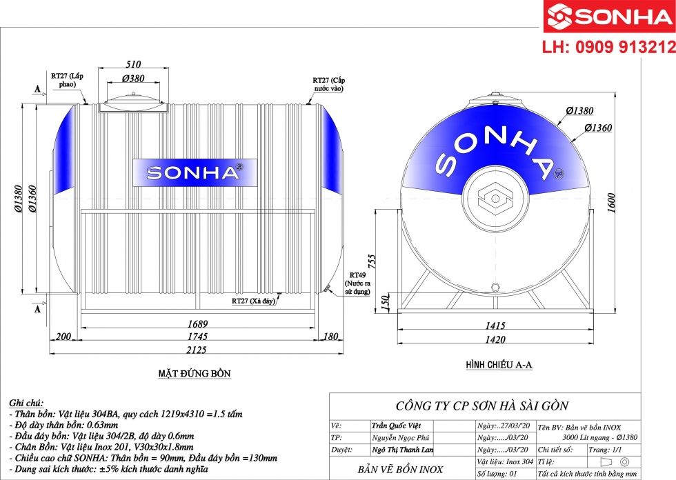 Bảng vẽ bồn nước inox 3000 lít