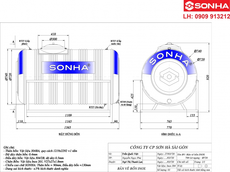 Bảng vẽ kỹ thuật bồn nước inox 700 lít ngang