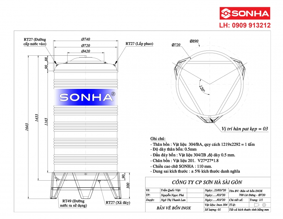 Bản vẽ bồn nước inox 700 lít đứng