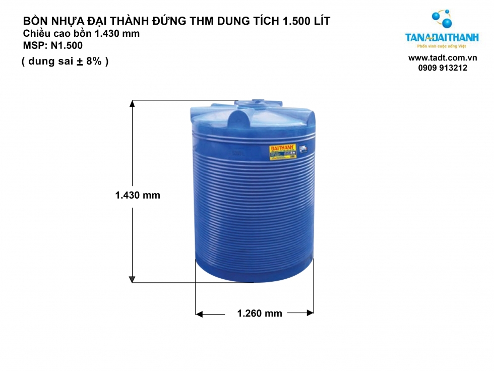 Kích thước bồn nước nhựa 1500 lít đứng