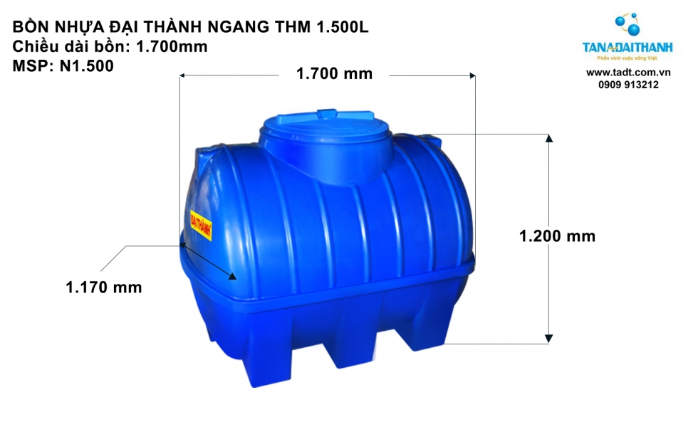 Kích thước bồn nước nhựa 1500 lít nằm