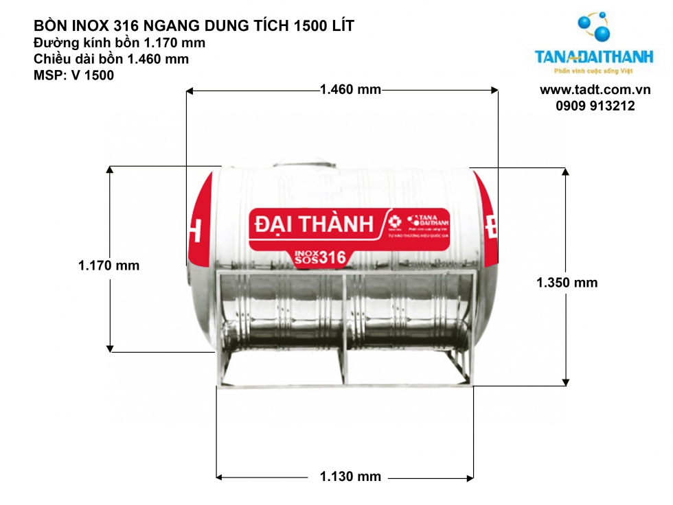  Kích thước bồn nước inox 1500 lít nằm ngang