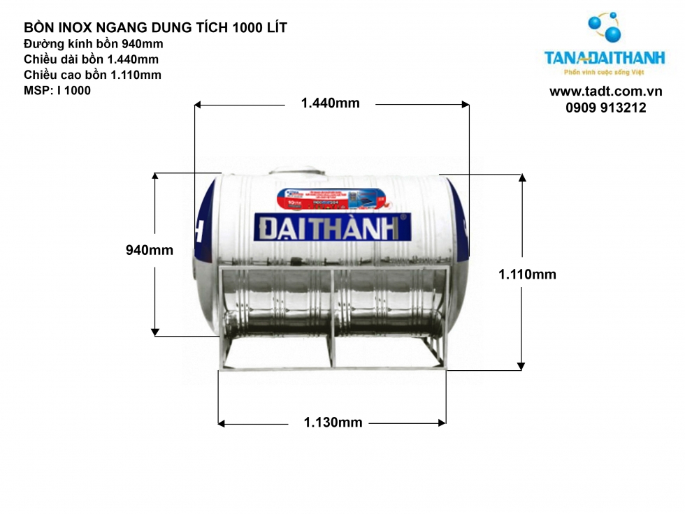 Ảnh kích thước bồn nước inox Đại Thành 1000L ngang