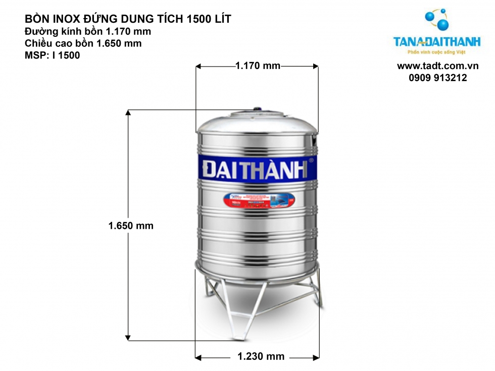 Kích thước bồn nước inox 1500 lít đứng  