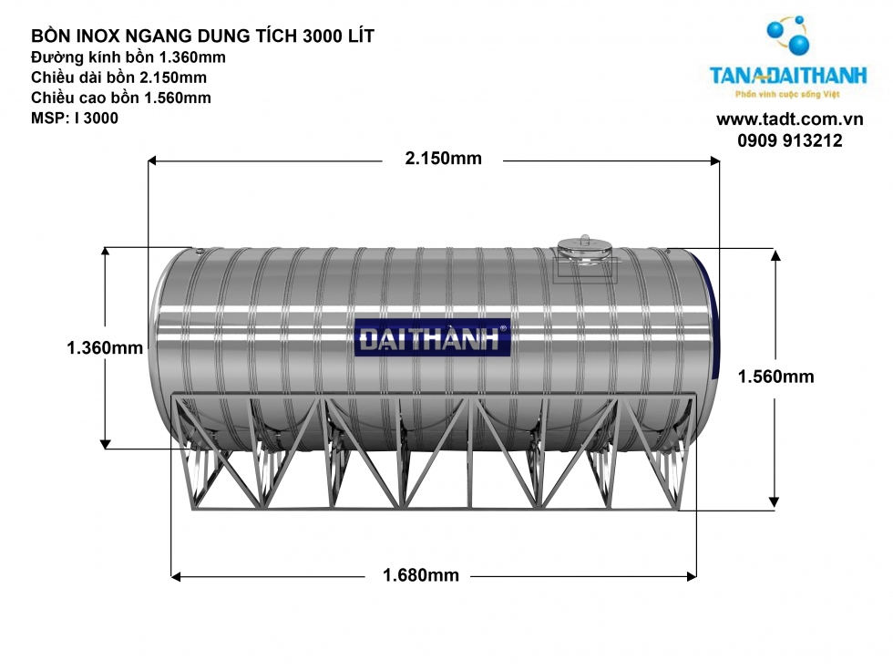 Kích thước bồn nước inox 3000 lít nằm