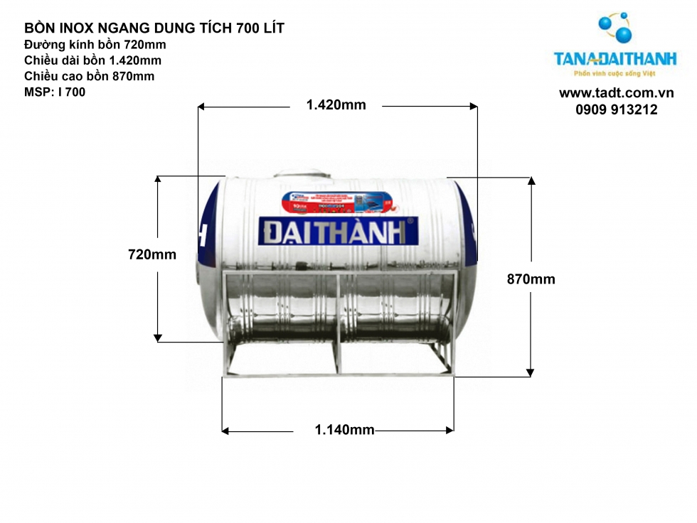 Kích thước bồn nước inox Đại Thành 700L ngang