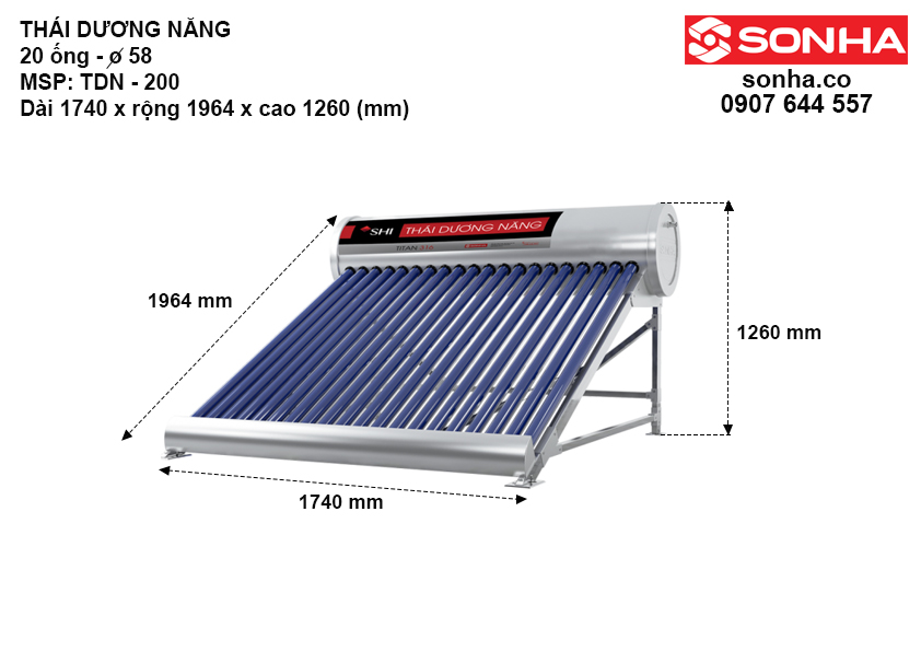 Kích thước lắp đặt thái dương năng Sơn Hà 200L GOLD 20 ống F58